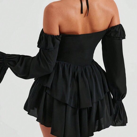 Black Boho Women's Ruffled Halter Bodycon Jumpsuit - Picture 2 of 3